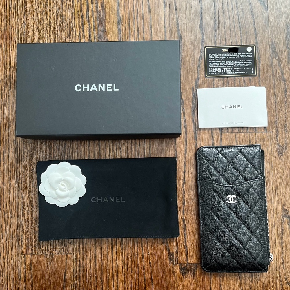 CHANEL Black Quilted Leather Zip-Around Wallet with Silver CC Hardware